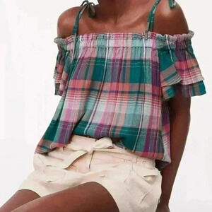 Ann Taylor LOFT Plaid Tie Off The Shoulder Top Size Small in Cool Pine